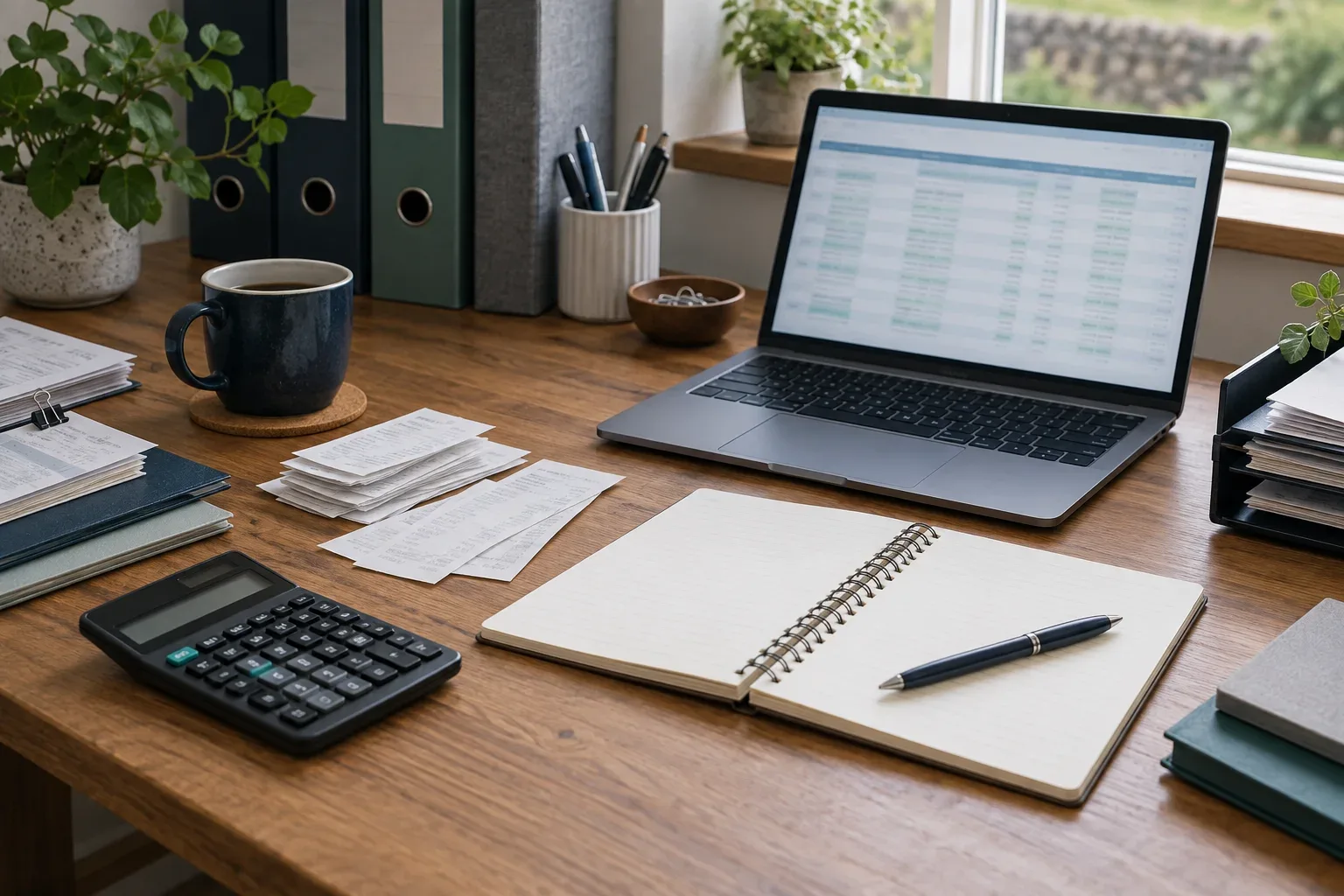 Organised accounting workspace with records, calculator and laptop
