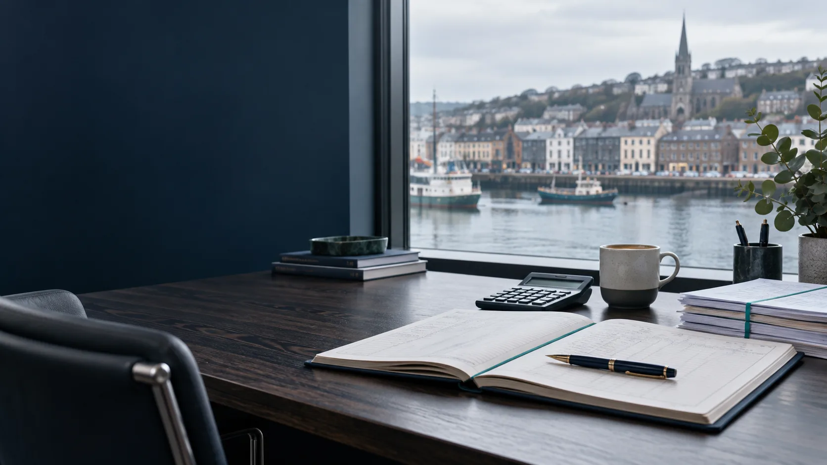Accounting workspace with a harbour view