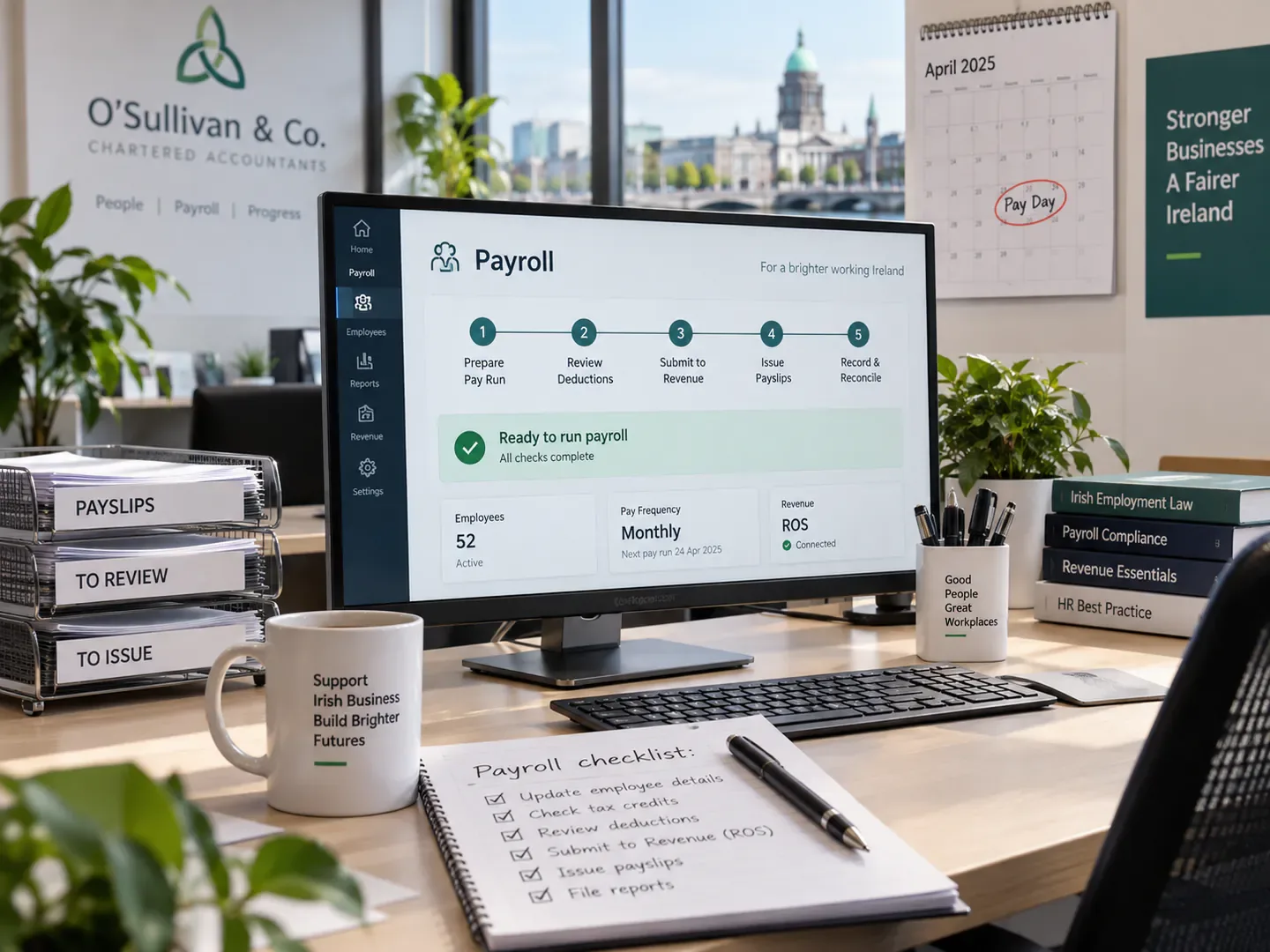 Payroll records, calendar and calculator arranged for review