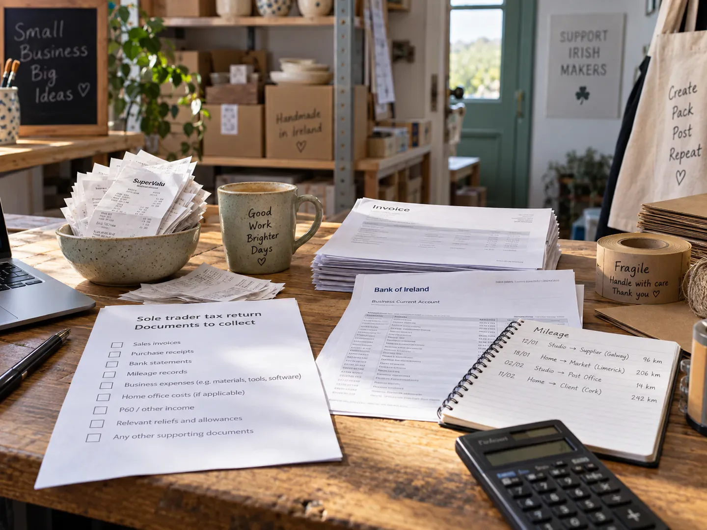 Sole trader records organised into folders for year-end